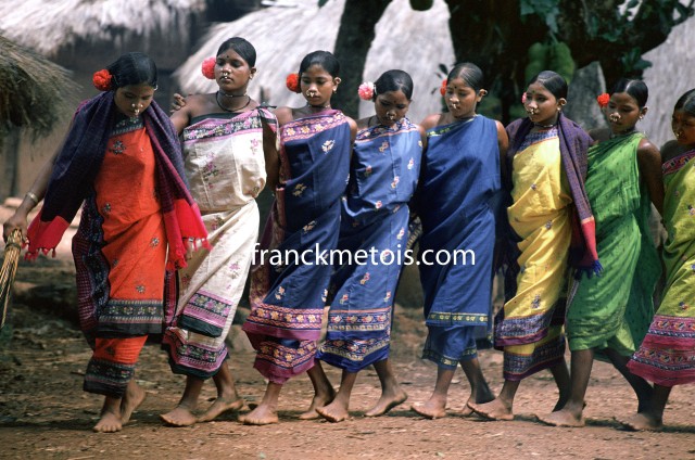 Tribal girls dancing. They belong to the Gadaba tribe. Orissa, India.